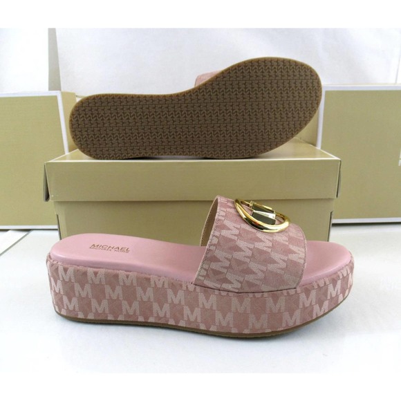 Michael Kors Sadler Platform Wedge Sandals MK Logo Fawn Light Pink - Picture 7 of 7